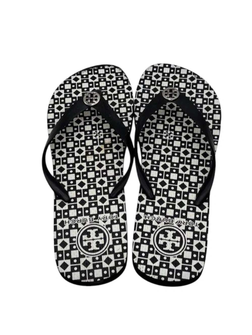 Tory Burch Black & White Patterned Logo Flip Flops